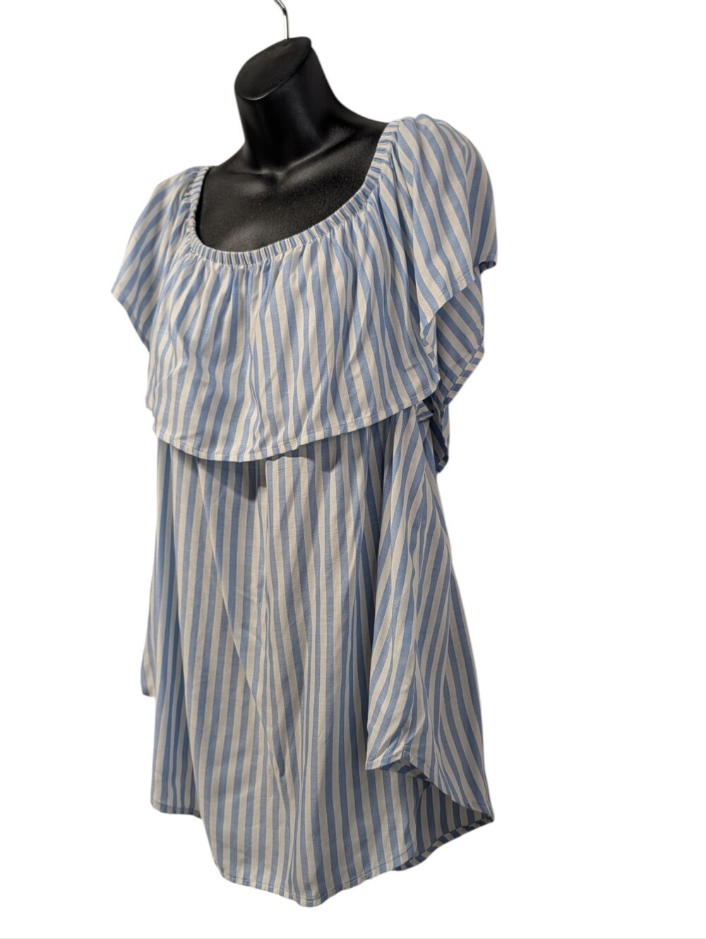 Maitai 2X Blue White Stripe Ruffle Off Shoulder Puff Sleeve Blouse NWT - Picture 3 of 9